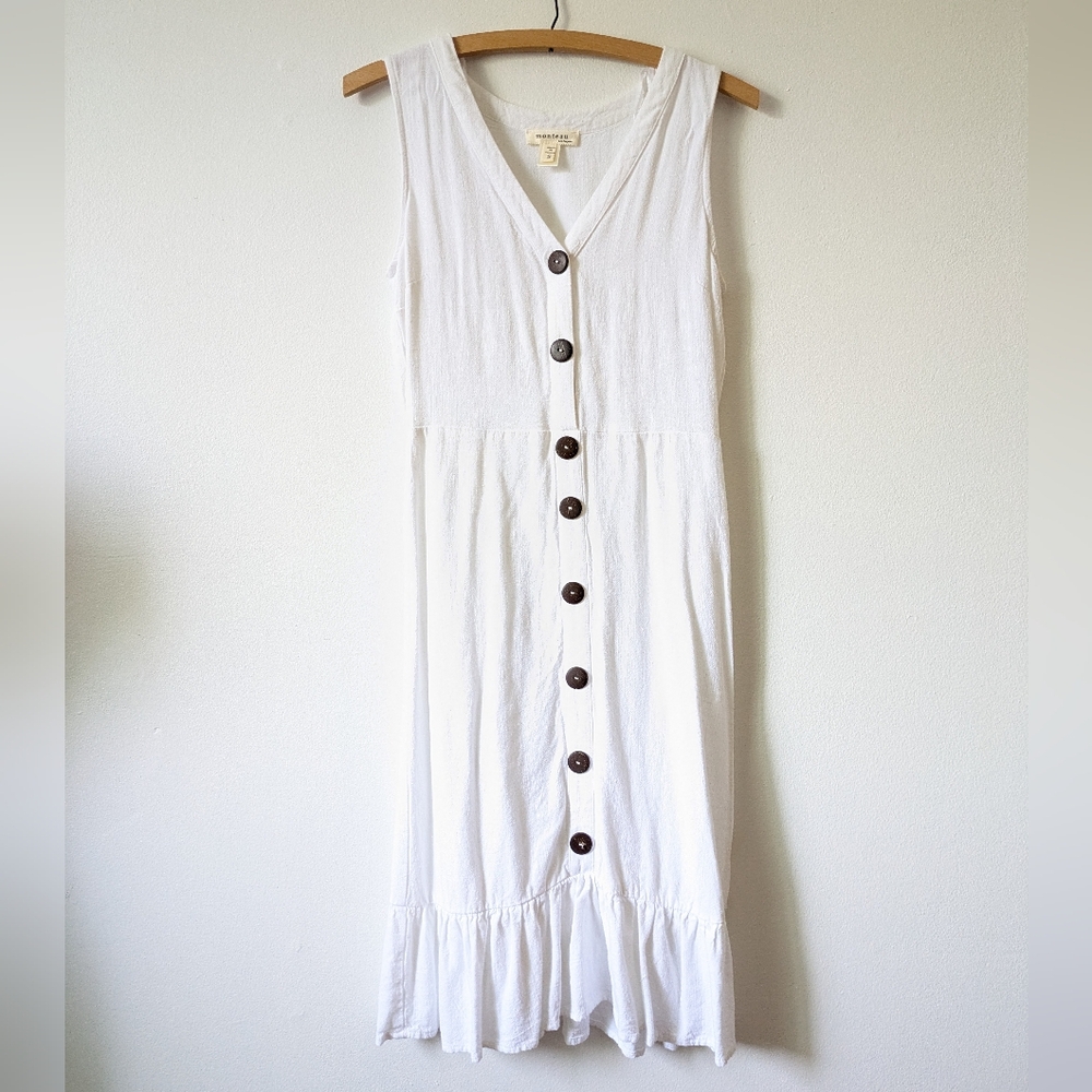 Monteau Los Angeles White  Linen Blend Ruffled Hem Button V-Neck Women's Dress S
